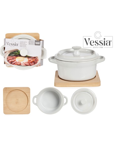 CAZUELA CERAMICA REDONDA CON BASE BAMBU