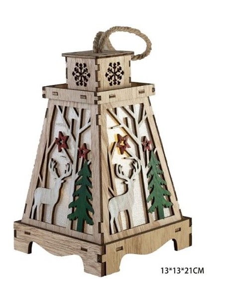 DECORACION LINTERNA MADERA CON LUZ 13*13*21CM