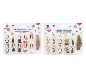 PINZAS DE MADERA DECORADAS C/ CUERDA NAVIDAD
