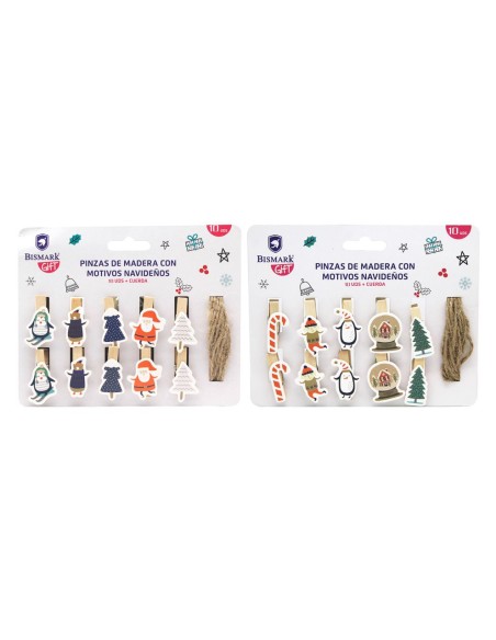 PINZAS DE MADERA DECORADAS C/ CUERDA NAVIDAD