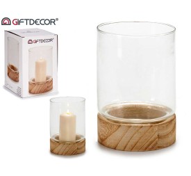 PORTAVELAS CRISTAL BASE MADERA RED MED 11,5 x 11,5 x 16 cm.