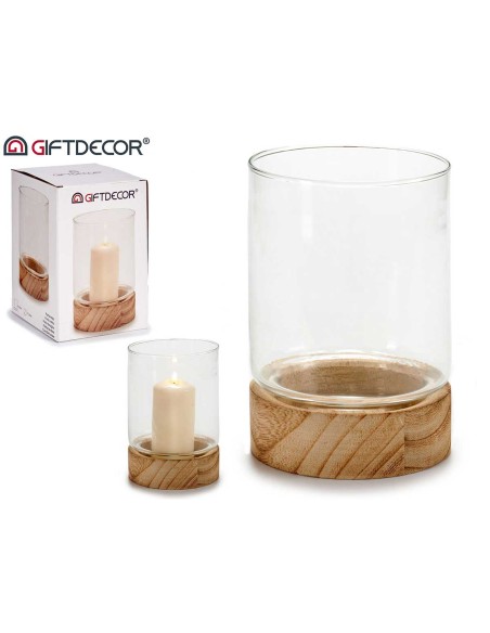 PORTAVELAS CRISTAL BASE MADERA RED MED 11,5 x 11,5 x 16 cm.