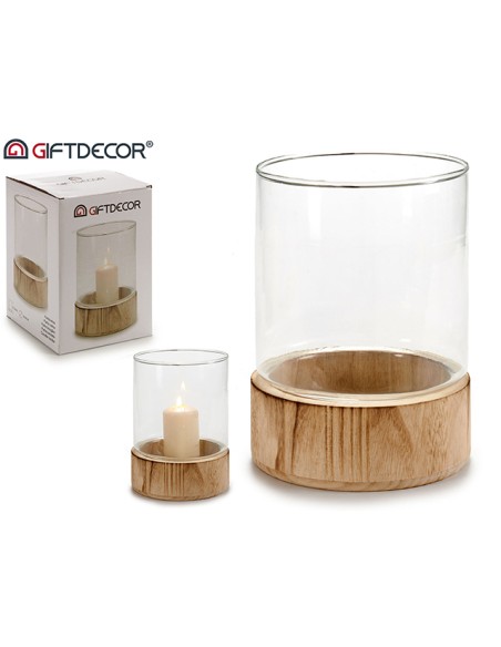 PORTAVELAS CRISTAL BASE MADERA RED GR 14,5 x 14,5 x 19,3 cm