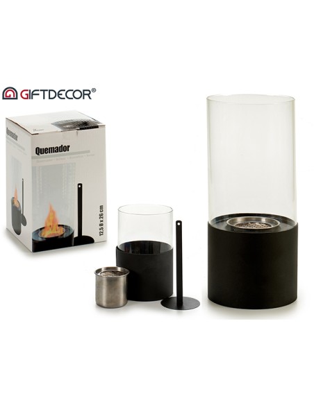 QUEMADOR METAL NEGRO CILINDRO VIDRIO PEQ