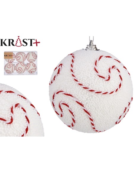 JGO 6 BOLAS NAVIDAD BLANCAS Y ESPIRALES ROJAS 7CM