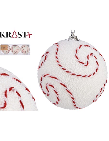 JGO 3 BOLAS NAVIDAD BLANCAS Y ESPIRALES ROJAS 8CM