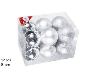 12 BOLAS PLATA BRILLO/MATE/PURPURINA 8cm
