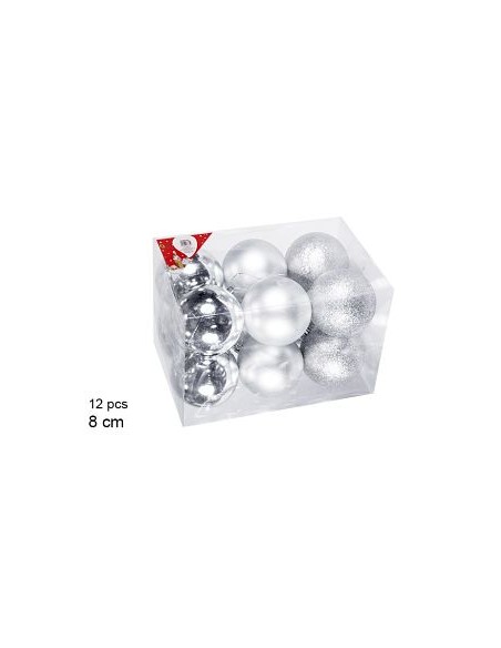 12 BOLAS PLATA BRILLO/MATE/PURPURINA 8cm
