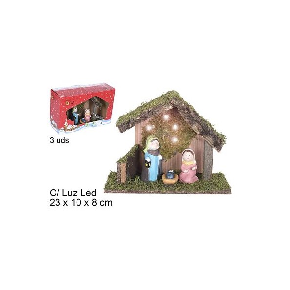 NACIMIENTO 3 PCS PESEBRE MADERA CON LUZ