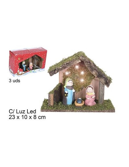 NACIMIENTO 3 PCS PESEBRE MADERA CON LUZ