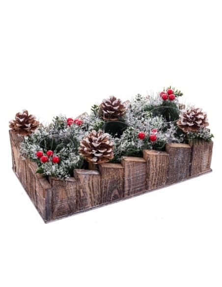 3 PORTAVELAS PIÑAS MADERA 30 X 15 CM