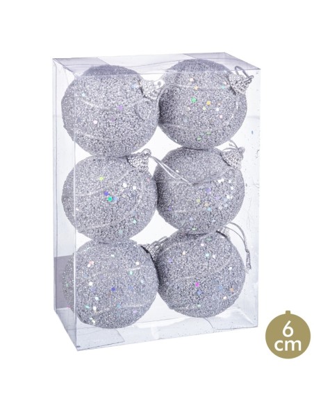 S/6 BOLAS HILOS FOAM PLATA 6 X 6 X 6 CM