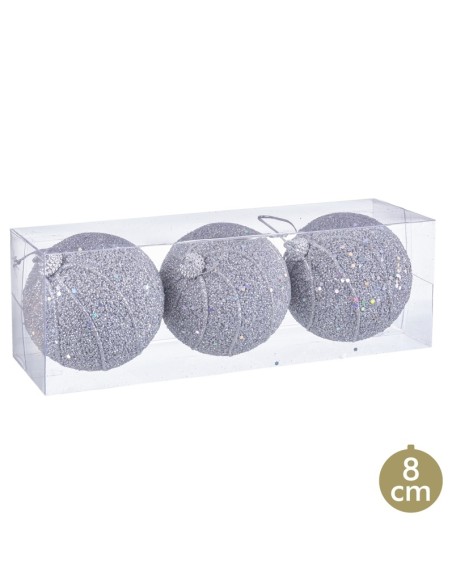 S/3 BOLAS HILOS FOAM PLATA 8 X 8 X 8 CM