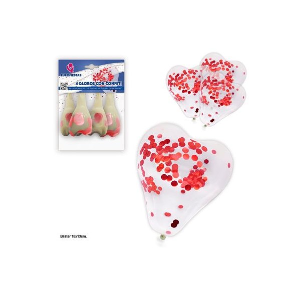 GLOBOS CORAZON *4 CON CONFETI MET.ROJO PQ.24 C/288