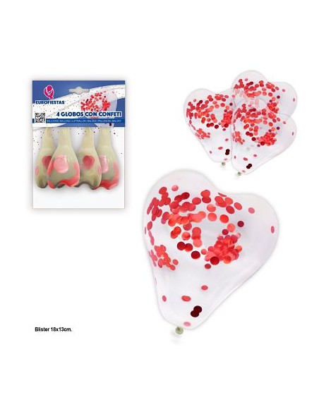 GLOBOS CORAZON *4 CON CONFETI MET.ROJO PQ.24 C/288