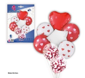 SET GLOBOS CORAZONES ROSA Y CONFETI PQ.12 C/240U