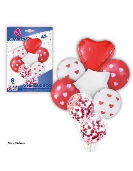 SET GLOBOS CORAZONES ROSA Y CONFETI PQ.12 C/240U