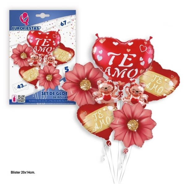 SET GLOBOS CORAZONES TE AMO CON FLORES PQ.12C/120U