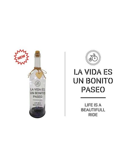BOTELLA C/LUCES LED Y MENSAJE, LA VIDA ES UN ....