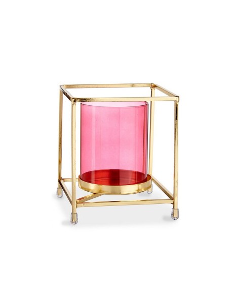 BASE VELA CRISTAL CUAD ROSA METAL ORO P