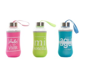 BOTELLA CRISTAL 6,5X6,5X16,5 300ML FRASE 3 SURT.